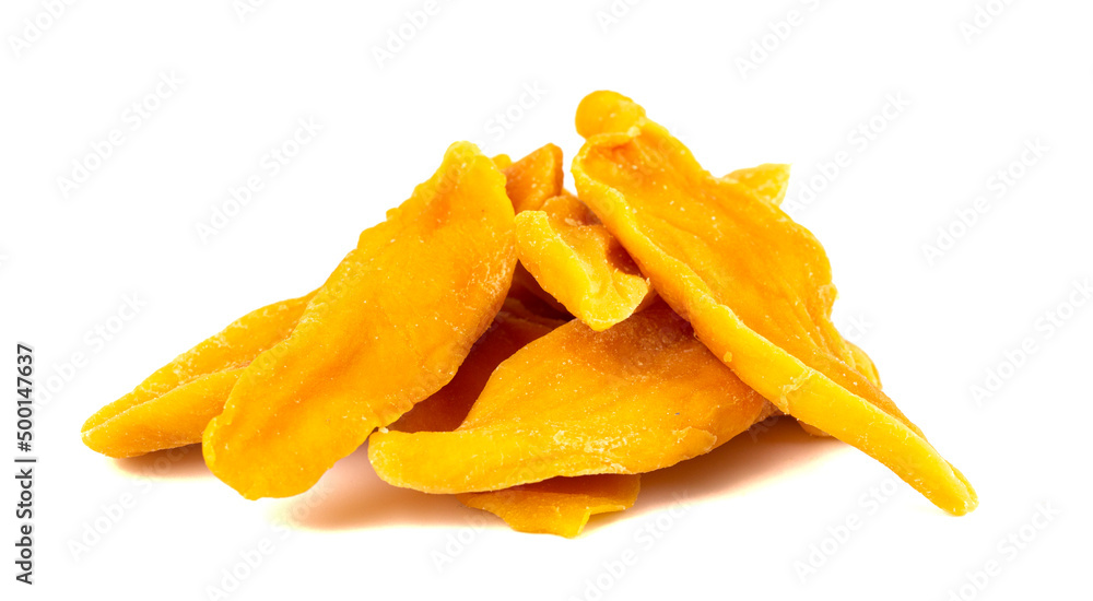 Yellow Dehydrated Mango Strips Isolated on a White Background Yellow Dehydrated Mango Strips Isolated on a White Background