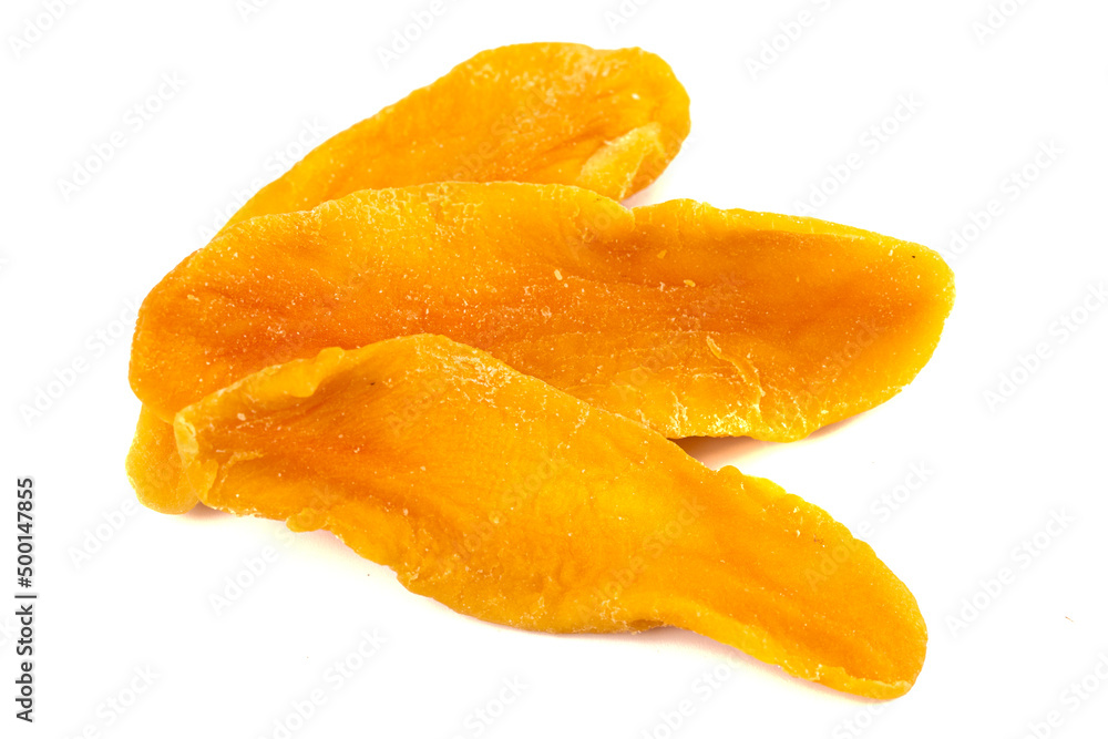 Yellow Dehydrated Mango Strips Isolated on a White Background Yellow Dehydrated Mango Strips Isolated on a White Background
