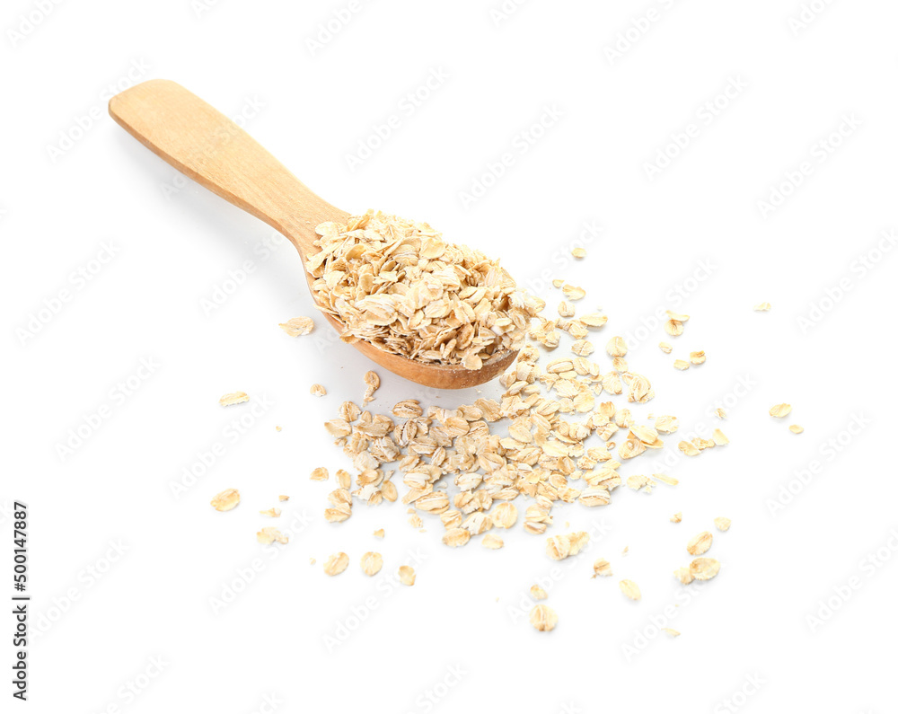 Spoon with raw oatmeal flakes on white background Spoon with raw oatmeal flakes on white background