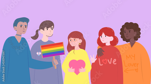 Young people of different orientations and nationalities. Friends who are in the LGBTQ+ community. A lesbian couple in love. Gay, transgender. flat vector cartoon illustration. love is love