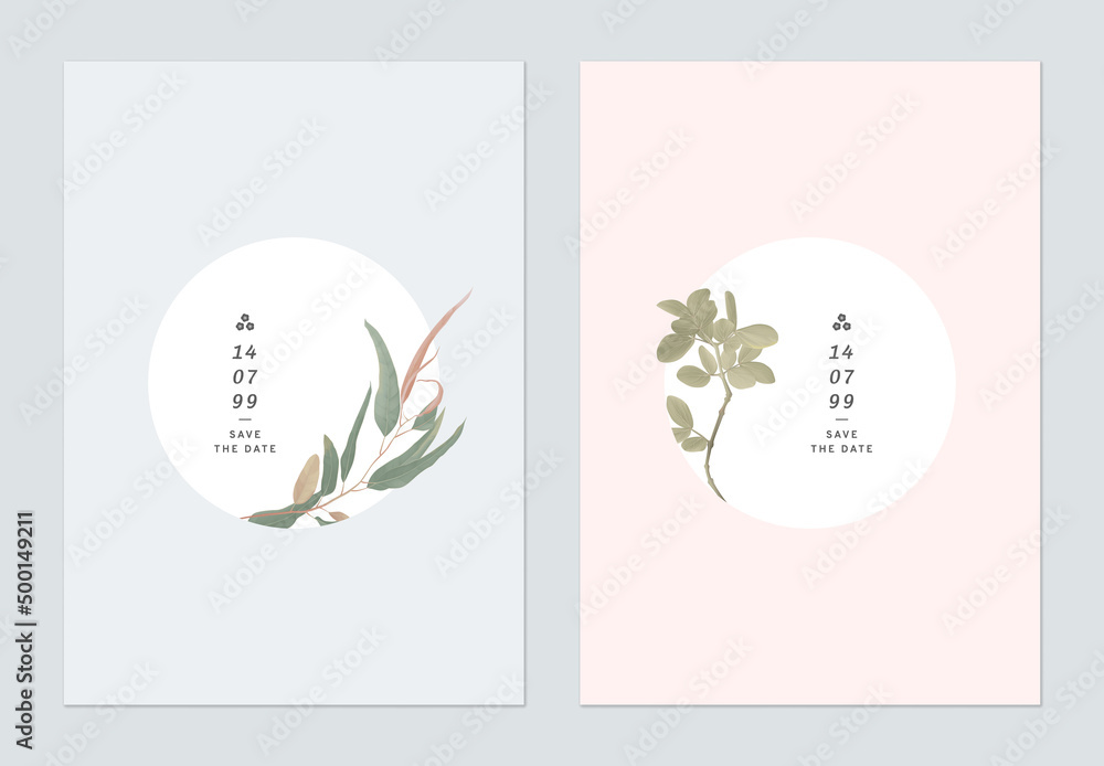 Minimalist foliage save the date invitation card template, eucalyptus and lignum vitae