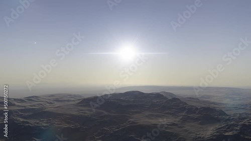 Misty Alien Planet. The rocky desert is covered with thick fog photo