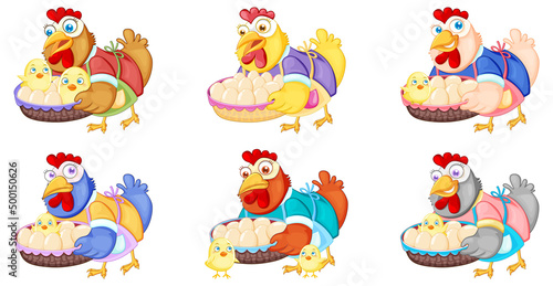 Set of cute chicken cartoon character holding a basket of eggs and chick