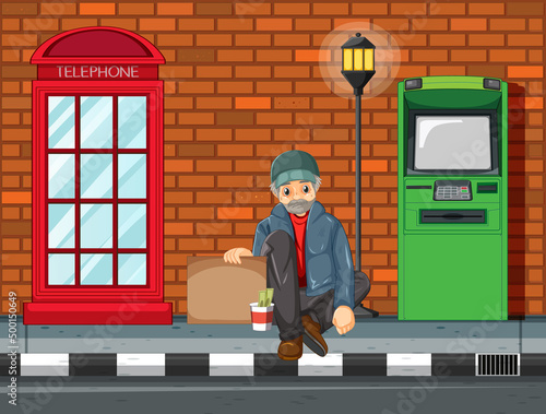 Homeless man sitting between telephone and atm