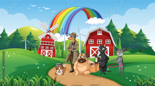 Set of different domestic animals in farm
