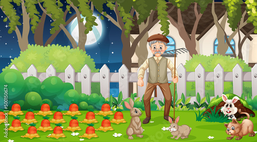 Old man with rabbits in garden