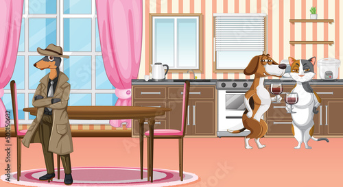 Set of different domestic animals in kitchen