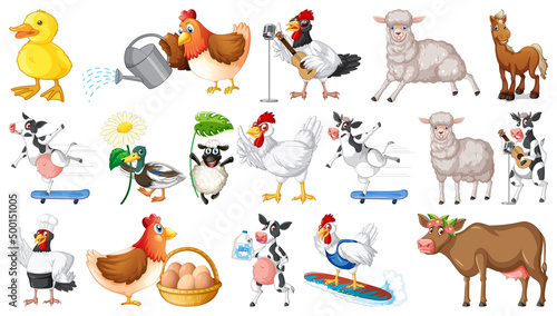 Many farm animals on white background