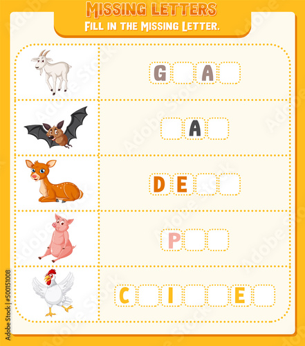 Fill the missing letter of each word worksheet for children