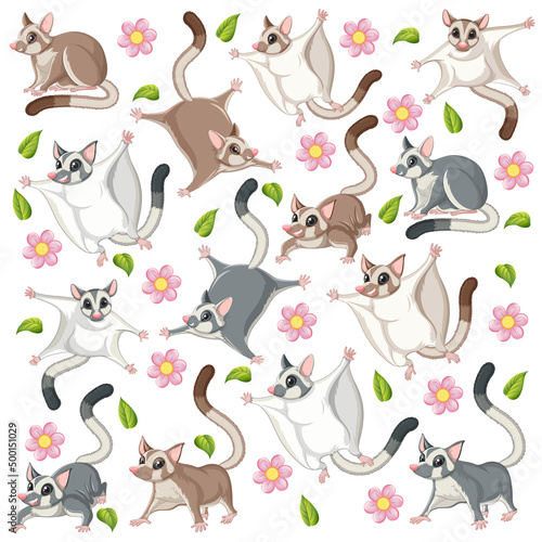 Seamless pattern with cute sugar gliders