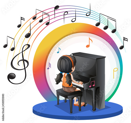 Back of a girl playing piano cartoon