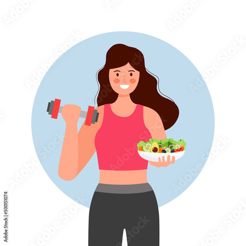 Healthy lifestyle concept vector illustration. Young woman holding dumbbell and salad dish in flat design.