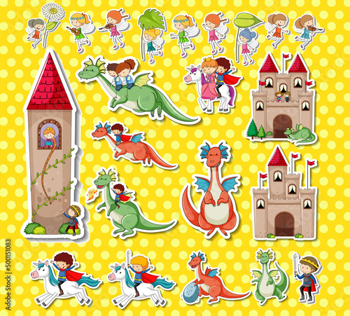 Sticker set of fantasy fairy tale cartoon characters