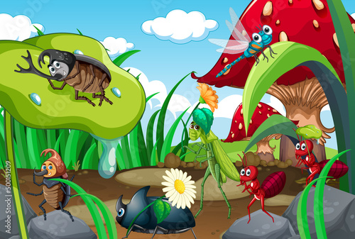 Happy insect in nature fairy tale scene