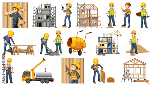 Set of construction site objects and workers