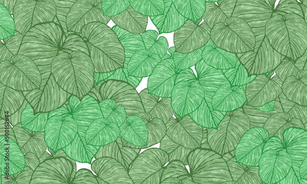 green  tropical  leaves spring pattern ,hand  drawn illustration   wallpaper background