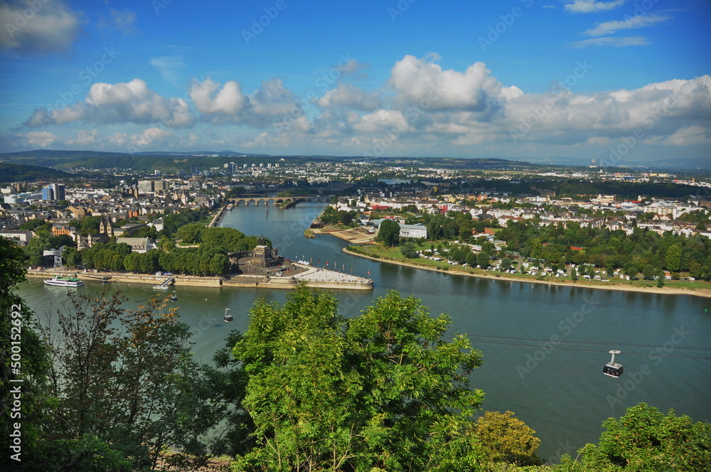 Fototapeta premium View from Fortress Ehrenbreitstein in Koblenz- Germany -Deutsches Ecke (German Corner) 2015