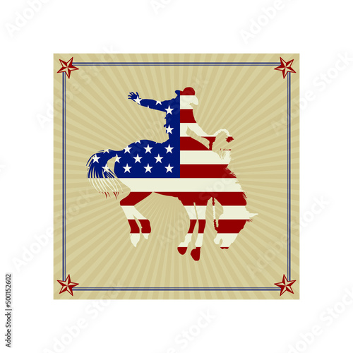 A rodeo cowboy saddle bronc rider silhouette with an American flag.