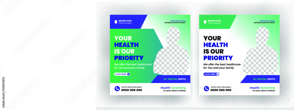 Medical healthcare service social media post template design. Hospital, doctor, clinic and dentist health business marketing banner with logo & icon. Creative online promotion corporate flyer & poster