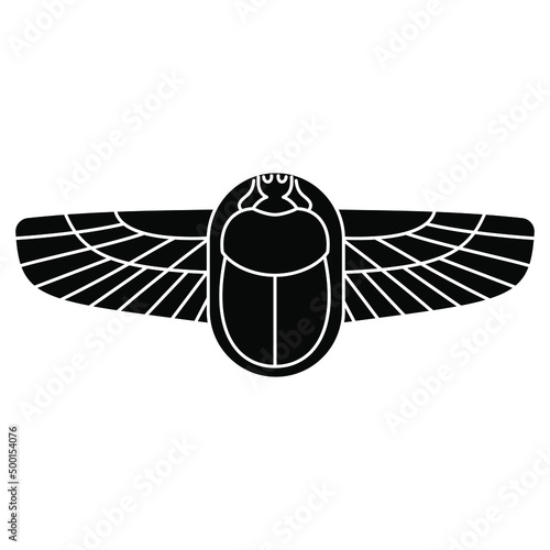 Winged scarab. Ancient Egyptian sacred symbol. Black and white negative silhouette.