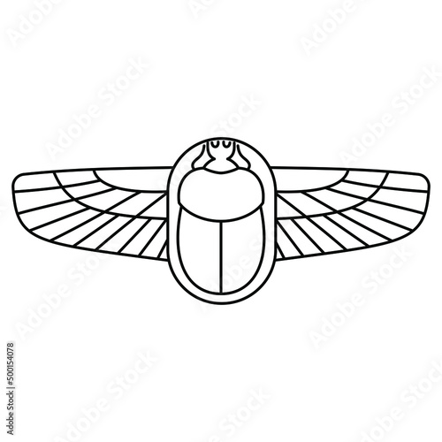 Winged scarab. Ancient Egyptian sacred symbol. Black and white linear silhouette.