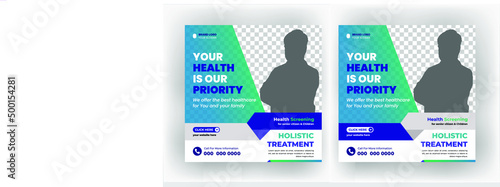 Medical healthcare service social media post template design. Hospital, doctor, clinic and dentist health business marketing banner with logo & icon. Creative online promotion corporate flyer & poster
