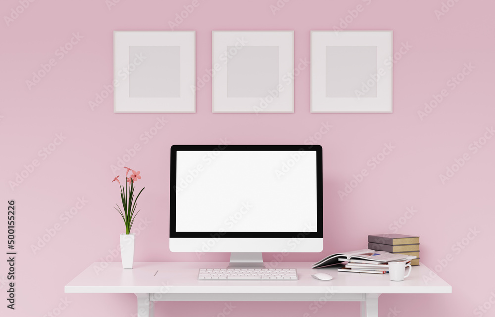 Blank computer screen and various items on desktop workspace with picture frame in home office room. 3D renering illustration. Blank computer screen and various items on desktop workspace with picture frame in home office room. 3D renering illustration.