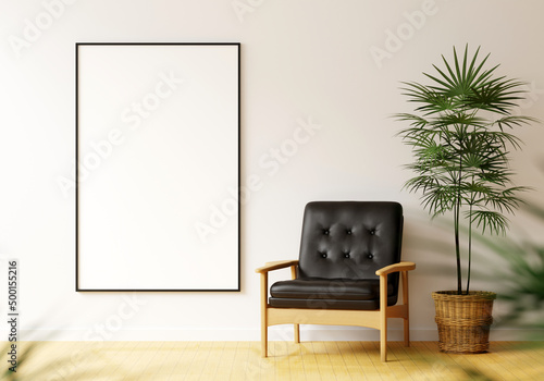 Blank picture frame mockup in the white modern interior living room with wood chair, minimal style. 3D rener illustration.