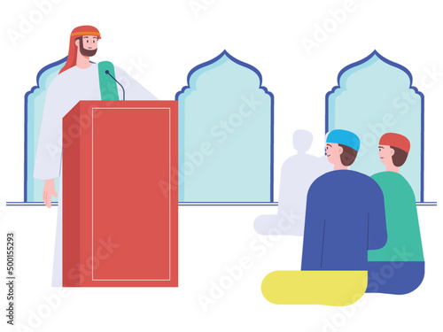 A man standing to give khutbah on Friday. The Friday prayer congregation listens to the khutbah before carrying out the Friday prayer. Ai vector illustration