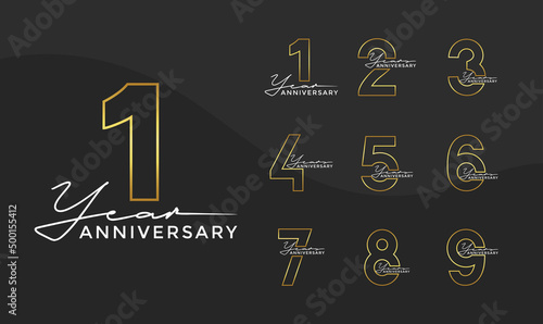 Set of Anniversary outline logotype silver and gold color with black background for celebration