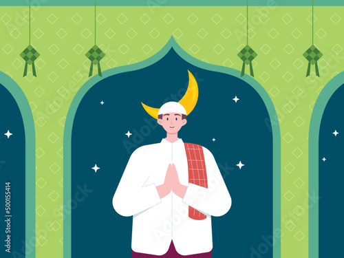 Men in Muslim attire celebrating Eid. Eid vector illustration.