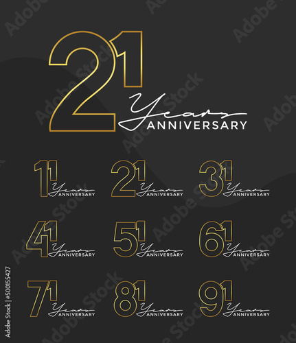 Set of Anniversary outline logotype silver and gold color with black background for celebration