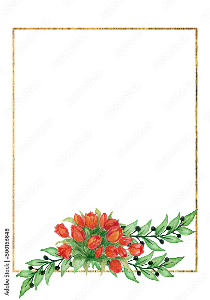 Obraz premium The frame is gold with a cute watercolor bouquet of spring flowers. Suitable for greeting cards,invitations,design works,crafts and hobbies.
