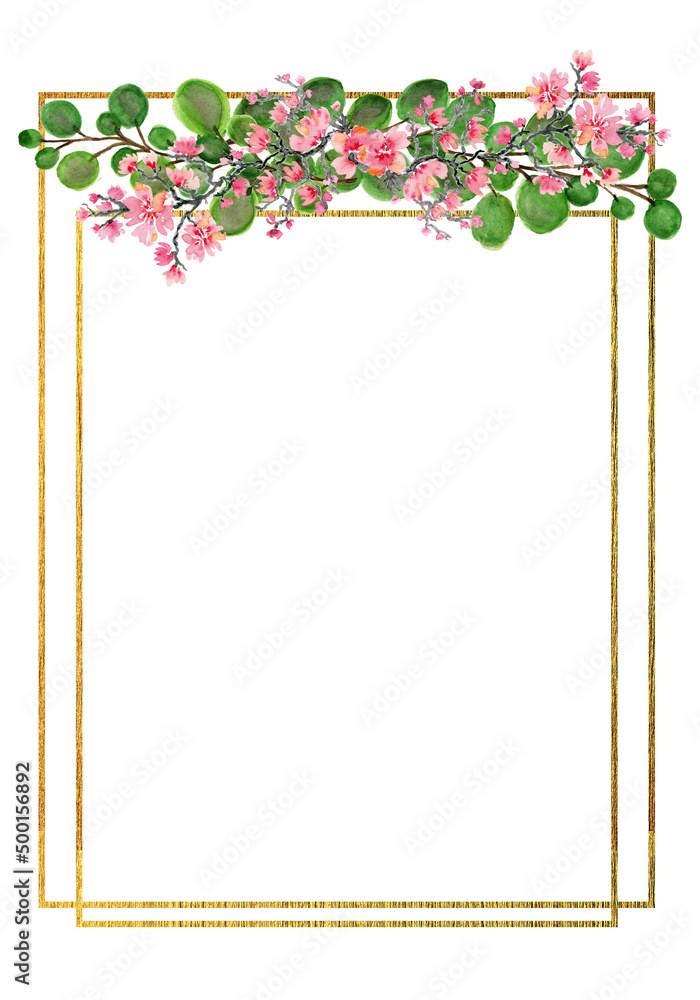 Obraz premium The frame is gold with a cute watercolor bouquet of spring flowers. Suitable for greeting cards,invitations,design works,crafts and hobbies.