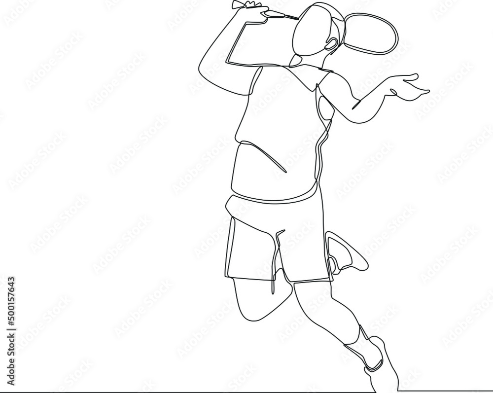 Single continuous line drawing a player badminton jumping and smash  the shuttlecock at game. Sport exercise concept. Trendy one line draw design vector illustration for badminton tournament.