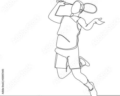 Single continuous line drawing a player badminton jumping and smash  the shuttlecock at game. Sport exercise concept. Trendy one line draw design vector illustration for badminton tournament.