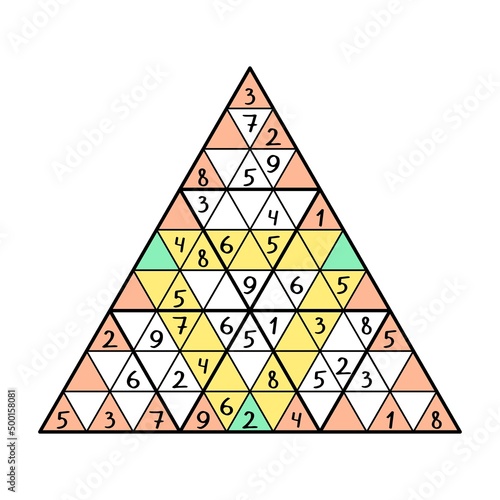 Grande unusual triangular sudoku game for kids vector illustration. Colorful sudoku pyramid isolated on white background. Logical puzzle with numbers vector