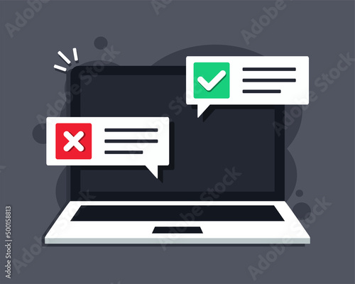 Checklist on laptop screen. Questionnaire form test, checklist survey. Vector illustration