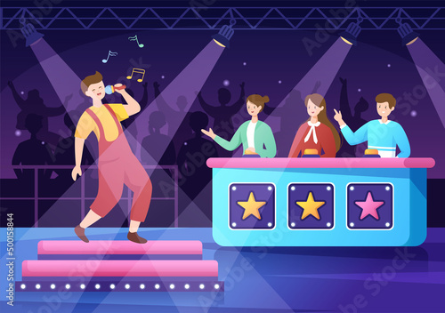Talent Show with Contestants Displaying their Skill on Stage or Podium in Front of Judges Judging them in Cartoon Illustration
