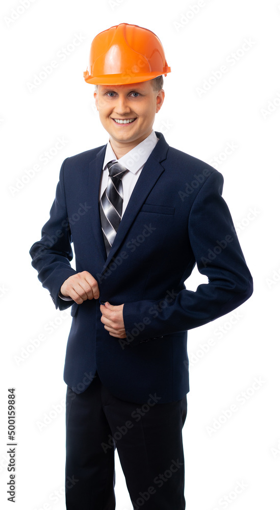Portrait of a man in a blue business suit with a tie and helmet. builder, foreman, engineer, entrepreneur, businessman. isolated. White background. Portrait of a man in a blue business suit with a tie and helmet. builder, foreman, engineer, entrepreneur, businessman. isolated. White background.