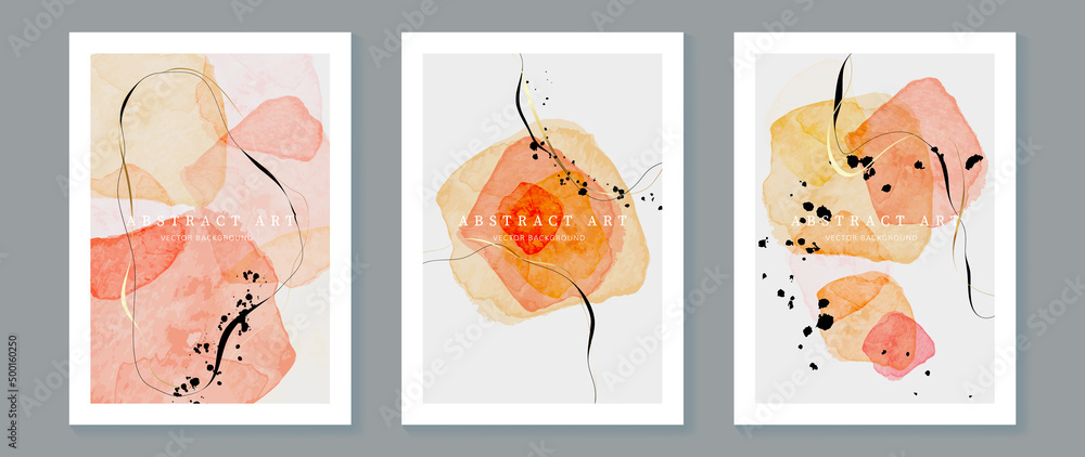 Set of watercolor blossom wall art template. Abstract watercolor texture poster with gold wave line, line art and flower petals. Luxury and vintage painting perfect for wall decoration, interior.