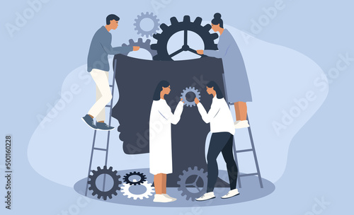 vector illustration on the topic of mental health, psychotherapy, mental help. head of a man with gears, people help to change gears. flat trending illustration for websites, magazines, applications