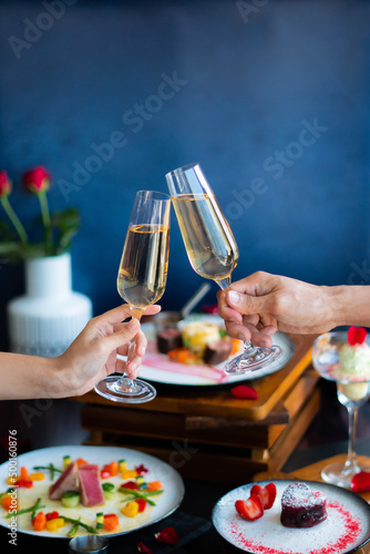 Champagne Couple of glasses with food .Valentine's day