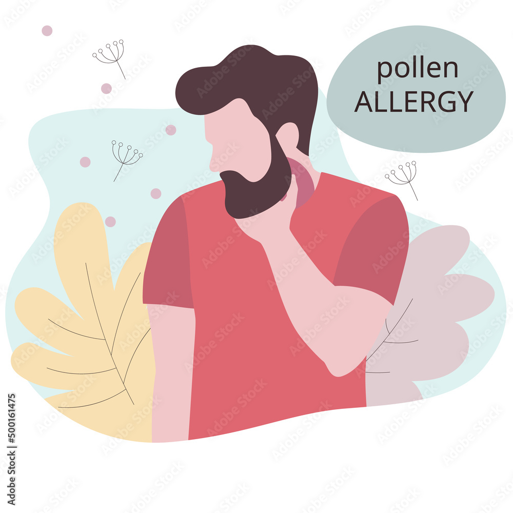Seasonal allergy. man with a sore throat. Itchy throat Stock Vector