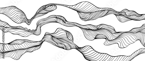 Abstract black line art on white background. Beautiful hand drawn wallpaper with black color, curved, wavy line. Twisted wave line design perfect for banner, prints, covers, wall art, home decor. photo