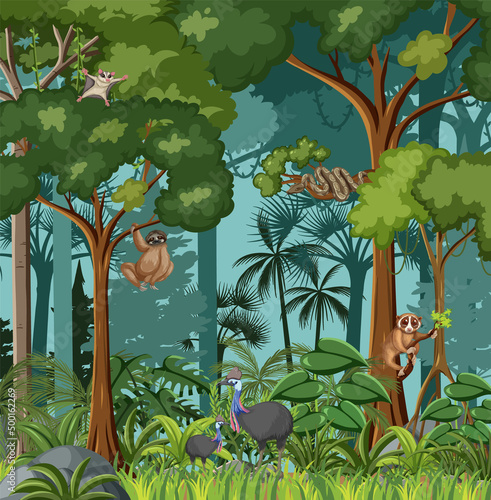 Forest scene with various wild animals