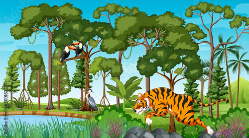 Forest scene with various wild animals