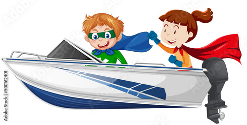 A hero Boy and girl sitting on a speed boat on a white background