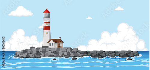 Lighthouse in on the island in the middle of the sea