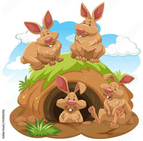 Group of rabbits with animal burrow
